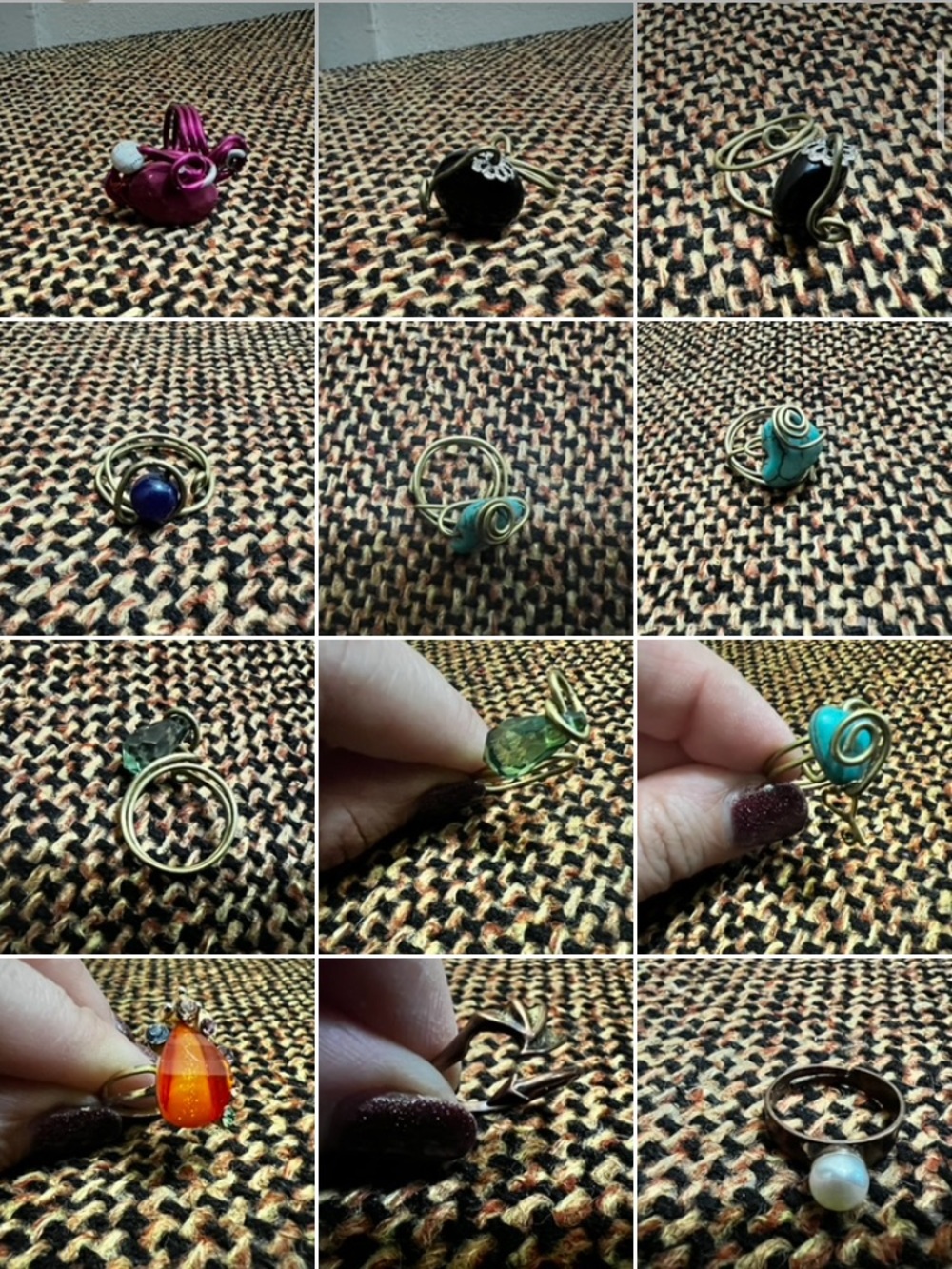 Handmade Gold-Tone Wire Rings with Colorful Gem Accents -price of Each